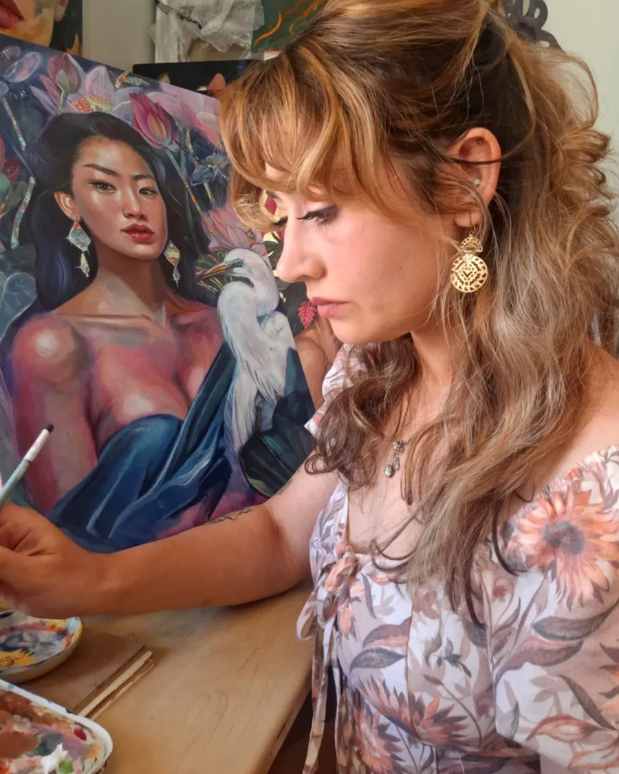 Monique Lindsay with a painting on ACF canvas