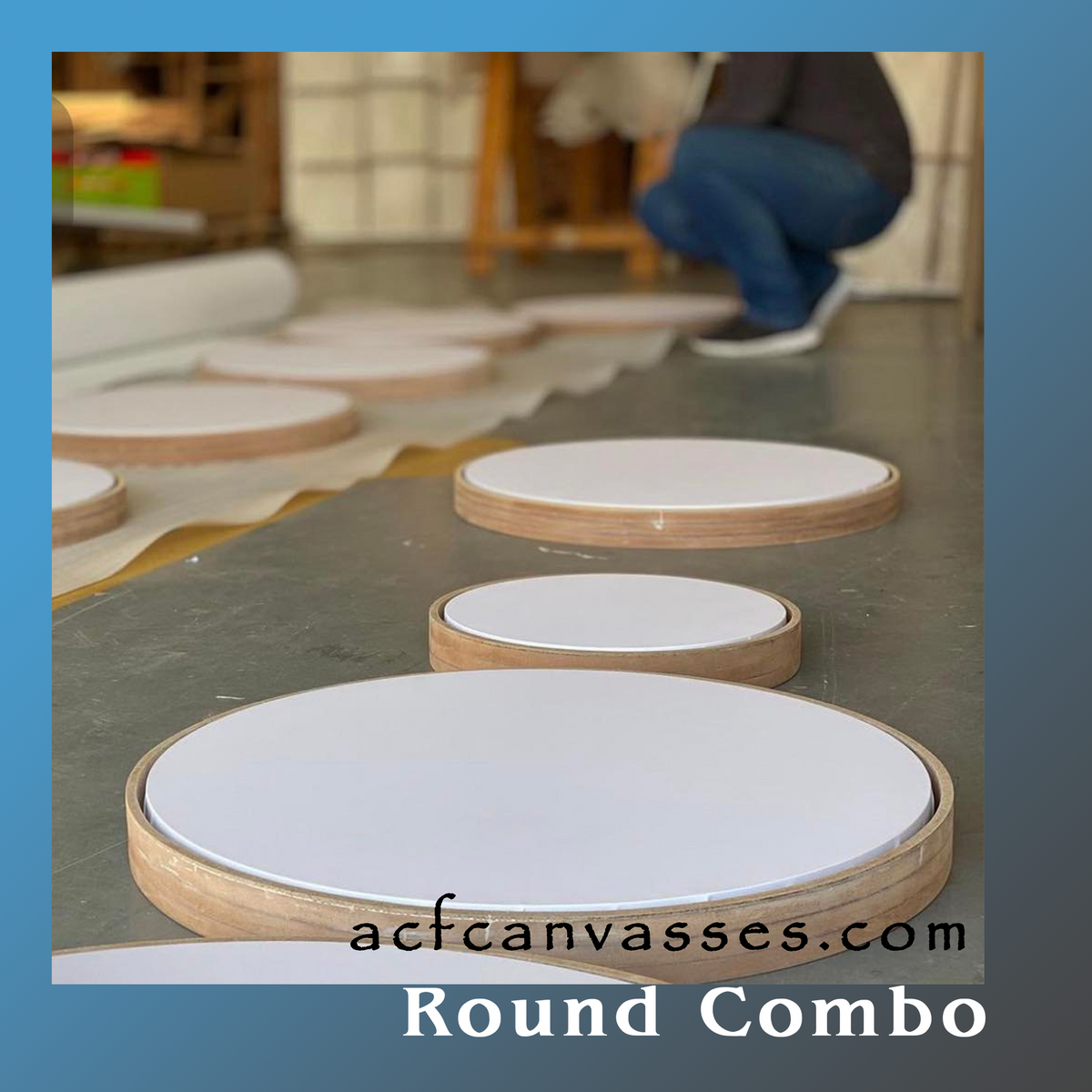 ACF round canvases set in round floating frames, laid out in the workshop