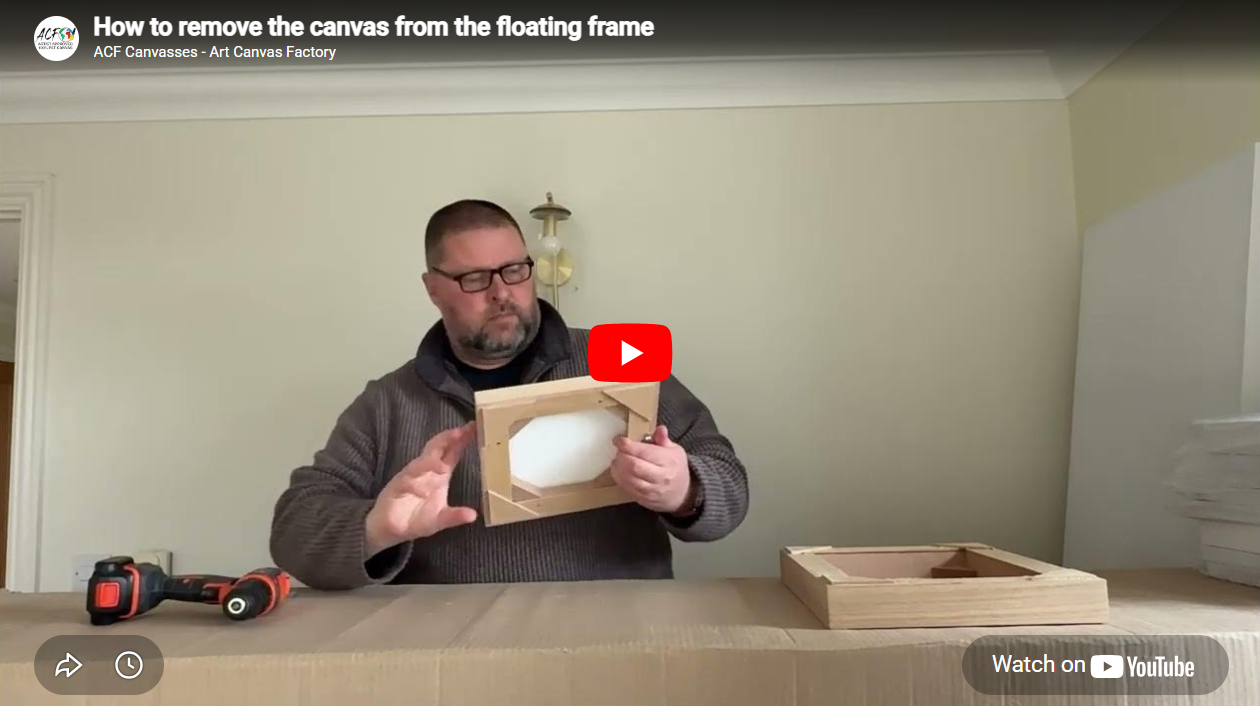 Video tutorial: how to remove the Stretch Canvas from the Thin Edge oak floating frame using a Phillips screwdriver.