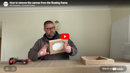 Video tutorial: how to remove the Stretch Canvas from the Thin Edge oak floating frame using a Phillips screwdriver.