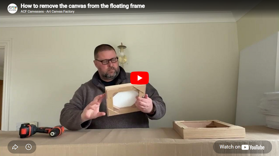 Video tutorial: how to remove the Stretch Canvas from the Thin Edge oak floating frame using a Phillips screwdriver.