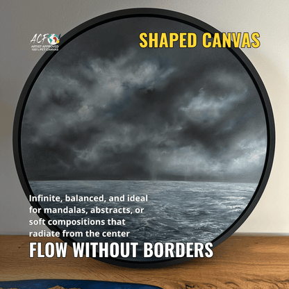 Round ACF Shaped Canvas in a black floating frame, painted with a stormy sea